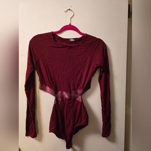 Free People Burgundy Long Sleeve, Cut Out Bodysuit